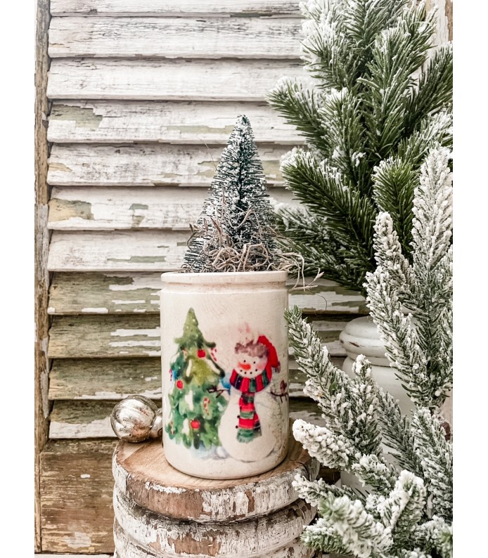 Antique Ironstone 1lb Crock w/ Snowman, Christmas Tree transfer - Holiday 